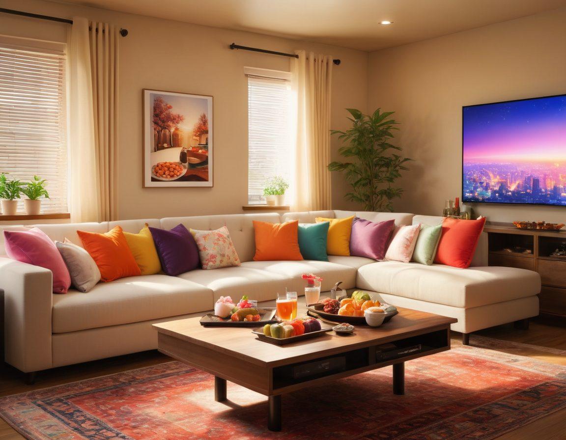 A cozy living room scene featuring a plush couch adorned with colorful throw pillows. On a stylish coffee table, a selection of elegant wine glasses filled with various wines, alongside a few anime-themed snacks, like colorful mochi and Pocky. In the background, a large screen displays a vibrant anime scene, casting a magical glow over the room. Soft lighting creates a warm and inviting atmosphere, perfect for an anime night. super-realistic. vibrant colors. cozy ambiance.