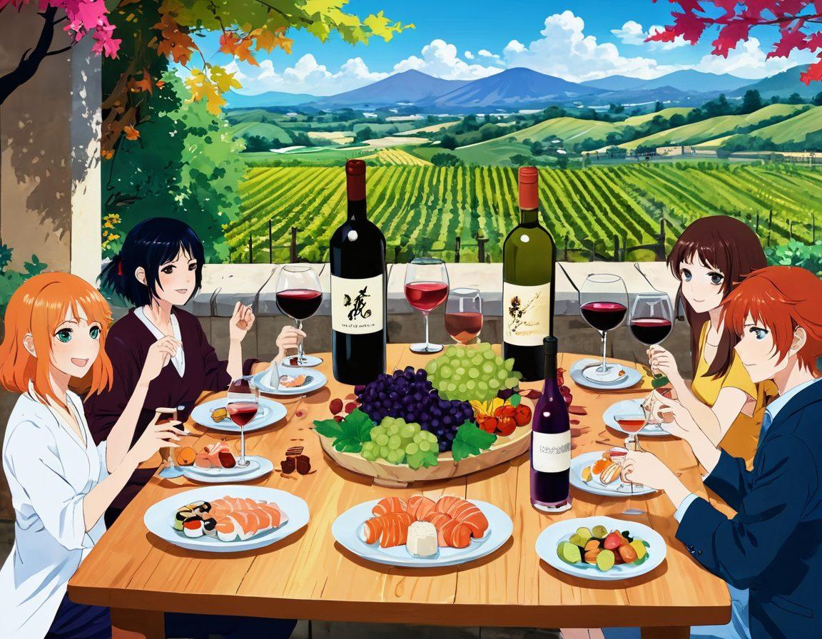 A whimsical scene depicting a vibrant table set with various beautifully poured wines, alongside colorful, anime-inspired characters joyfully discussing wine pairings with delicious foods. Surrounding them are playful anime-style motifs, such as sake bottles and sushi, that blend seamlessly with the vineyard backdrop. The atmosphere is lively, capturing the joyful spirit of wine tasting intertwined with the charm of anime. vibrant colors. illustration. anime style.