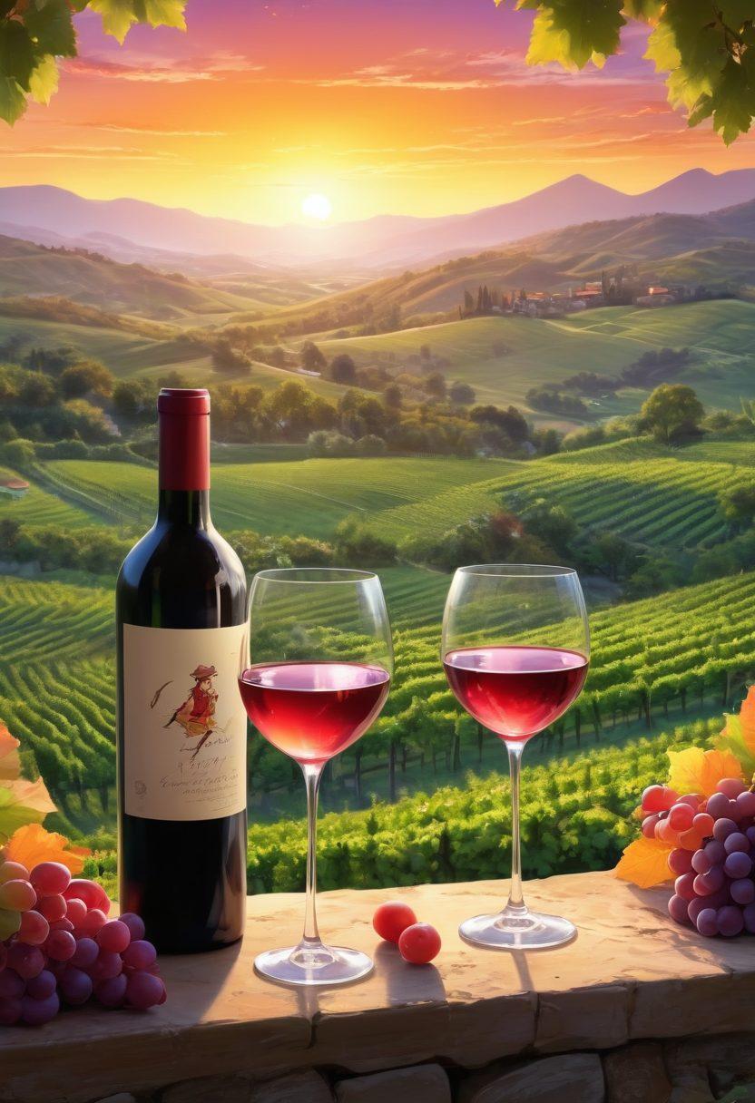 A whimsical scene of animated characters joyfully toasting with colorful wine glasses amidst lush vineyards. Grapevines twist around them while elegant bottles of anime-themed wine are artistically displayed. The background features rolling hills and a vibrant sunset, enhancing the celebratory vibe. The characters are styled with playful anime features, adding a fantastical touch. colorful illustration. vibrant colors. fantasy style.